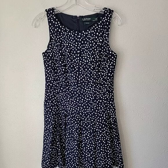 Ralph Lauren 4 Dress Fit N Flare Navy White Polka Dot Sleeveless EUC - Picture 1 of 10